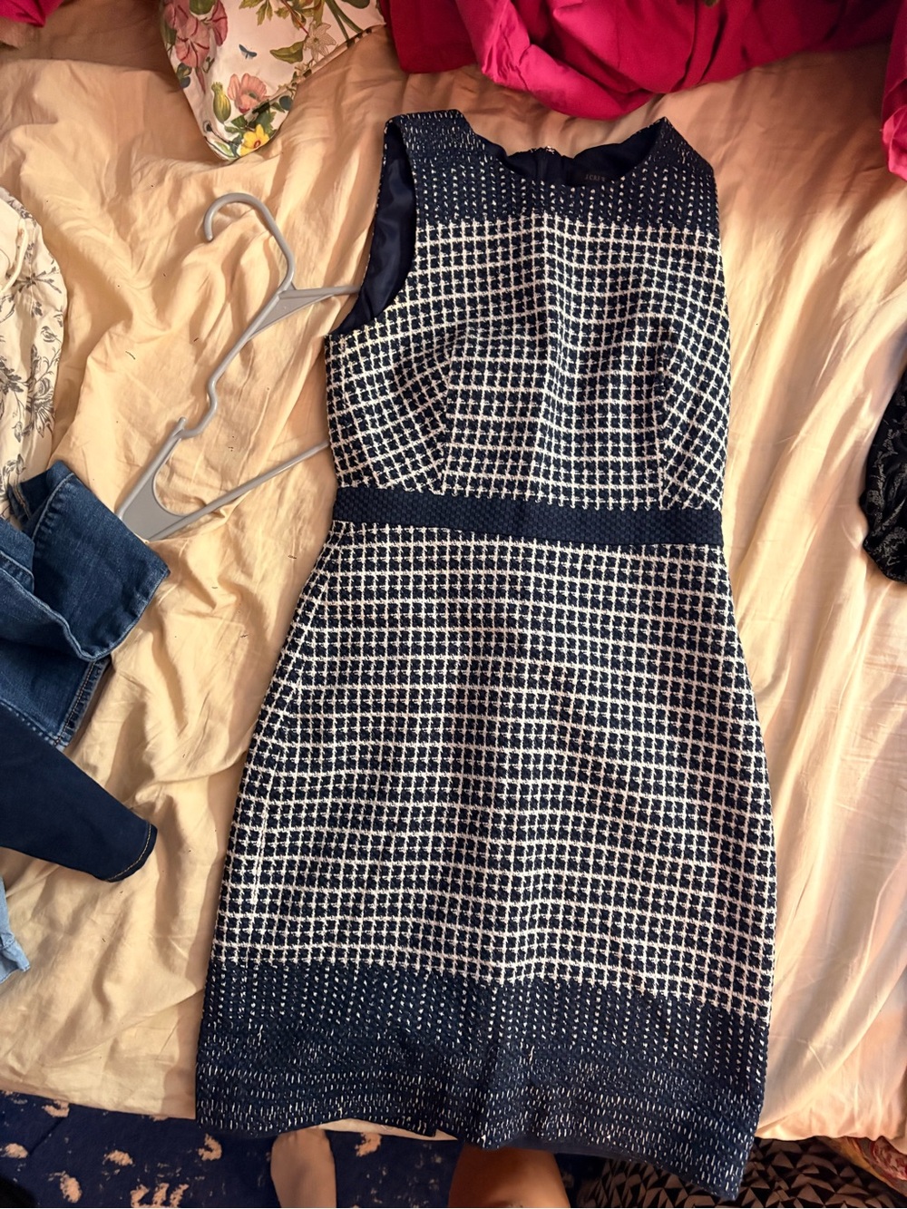 J. Crew Navy and White Checked Sleeveless Sheath Midi Dress